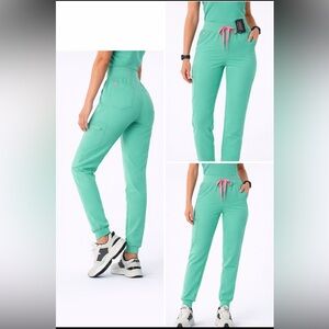 Figs High Waisted Zamora Jogger Scrub Pants Green Pink Drawstring - Size S